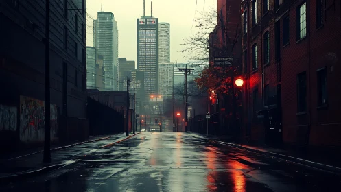 Rain-soaked alley leading into neon city skyline at dusk.