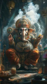 Gilded Lord Ganesha enthroned amid swirling temple incense.