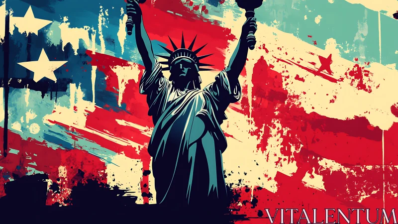 Statue of Liberty silhouette against bold abstract flag.