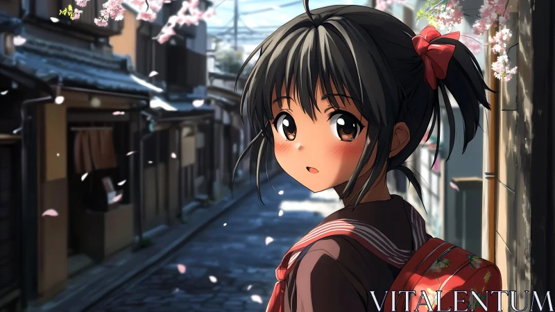 Schoolgirl pauses under drifting sakura petals in quiet alley