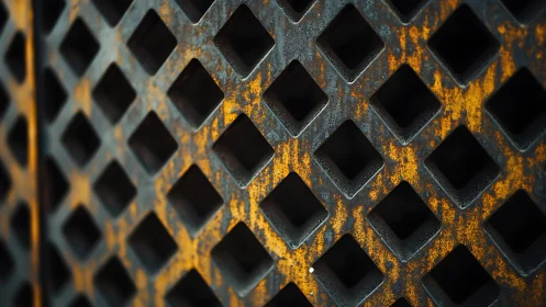 Rust-patinated steel grid with diamond perforation pattern.