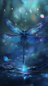 Blue dragonfly above water in luminous aquatic scene.
