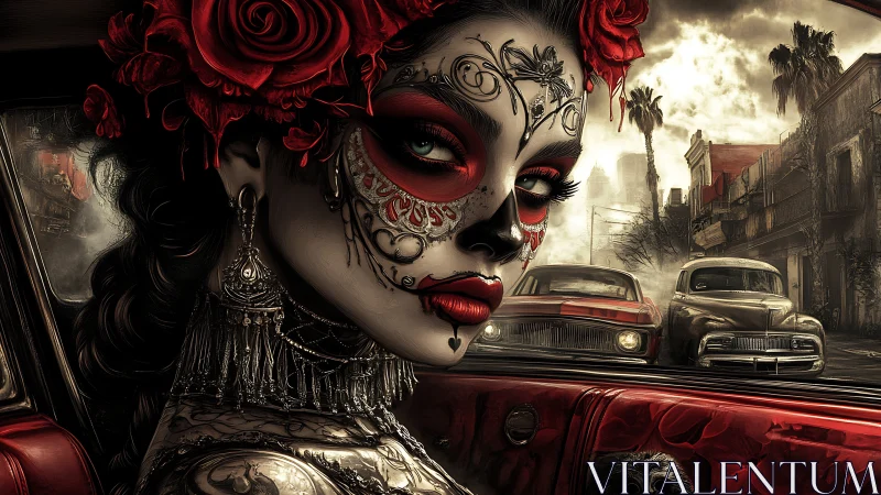 Calavera woman in vintage lowrider amid smoky barrio street