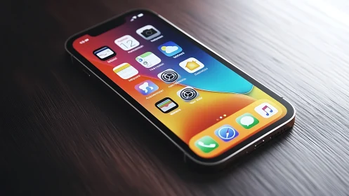 iPhone with vibrant gradient wallpaper displayed on metallic surface.