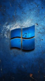 Textured metallic window emblem on distressed blue surface.