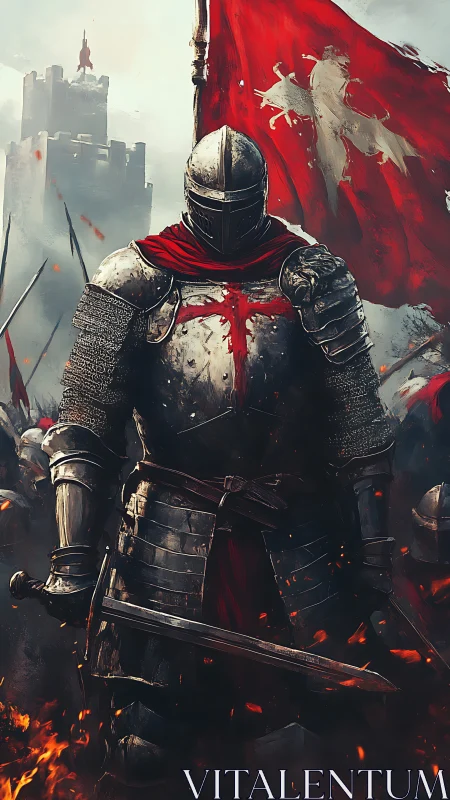 Plate-armored crusader before fortress under ember-lit war sky.