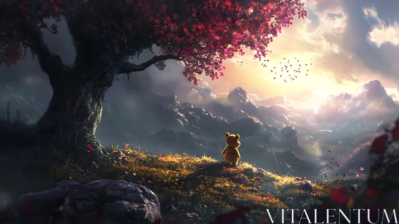 Teddy wanderer under crimson tree facing sunrise valley.