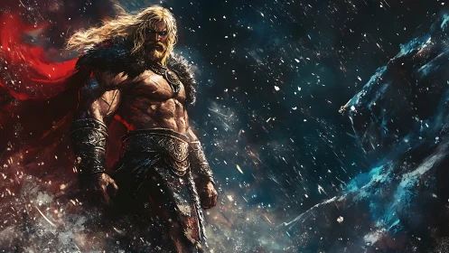 Mythic warrior strides through storm of icy chaos.