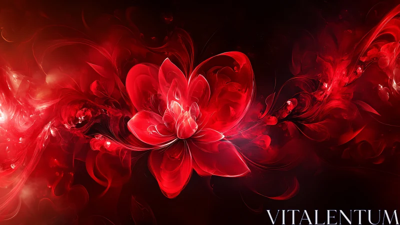 Crimson fractal flower blooms through dark cosmic void.