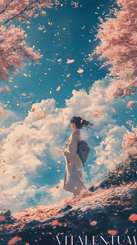 Petal-strewn skywalk where a serene wanderer meets spring.