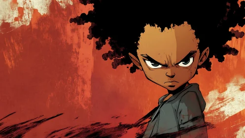 Fierce-eyed kid warrior against a storm of burning red.