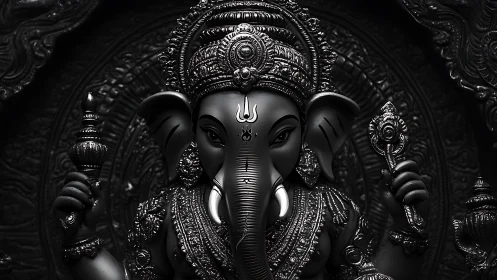 Monochrome Ganesha sculpture with ornate headdress and arms.