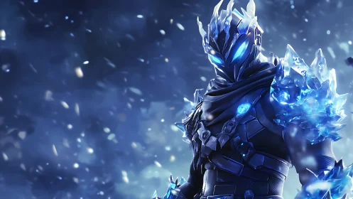 Frost-armored cyber knight in luminous crystal exosuit design.