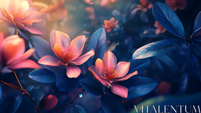 Luminous Coral Flowers Bloom in Ethereal Blue Garden