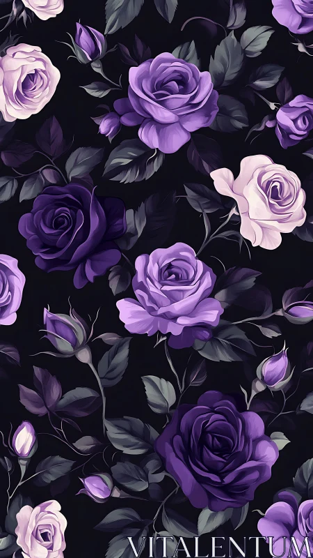 Beautiful Purple Roses Dance Across a Deep Black Canvas