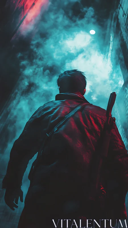 Figure stands in neon fog-filled alley under bright moon