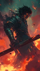 Armored swordsman emerges from volumetric fire with molten highlights