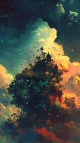 Floating forest citadel drifts through luminous cosmic clouds.