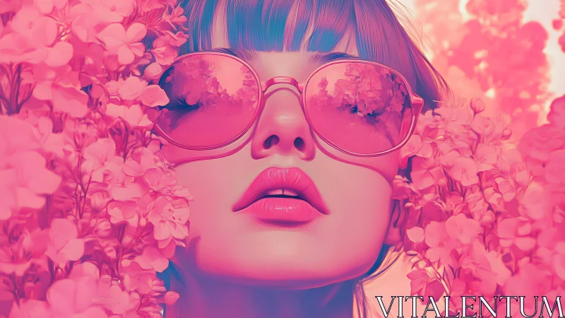 Neon pink floral portrait with reflective oversized sunglasses.