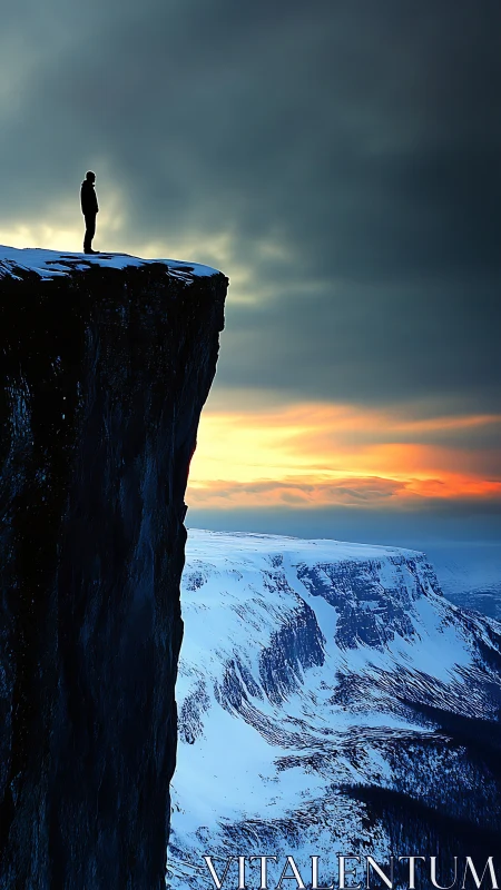 Solitary figure overlooks icy cliffs at burning sunset sky