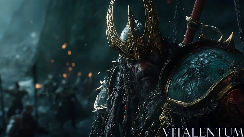 Battle-hardened fantasy king standing firm in stormy dusk.