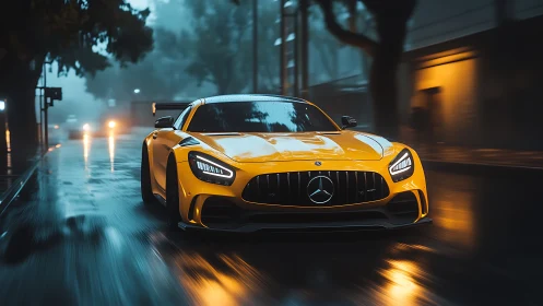Yellow supercar charges through moody rain-soaked city street