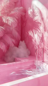 Monochrome pink pool with palm foliage and water flow.