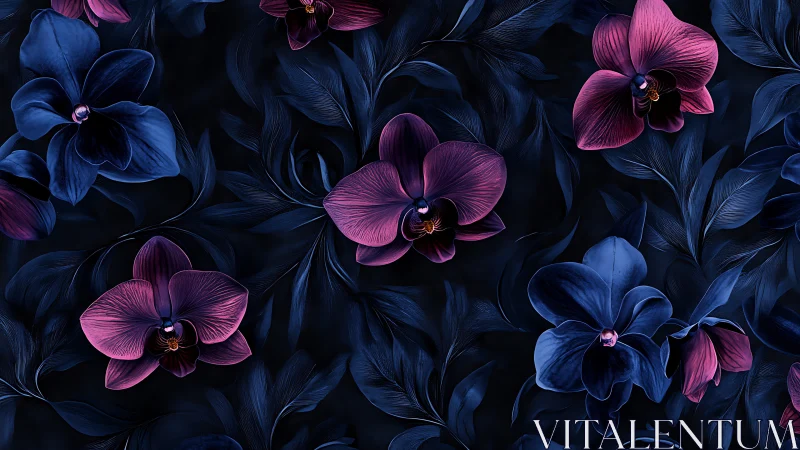 Midnight orchids glowing softly in deep velvety blues.