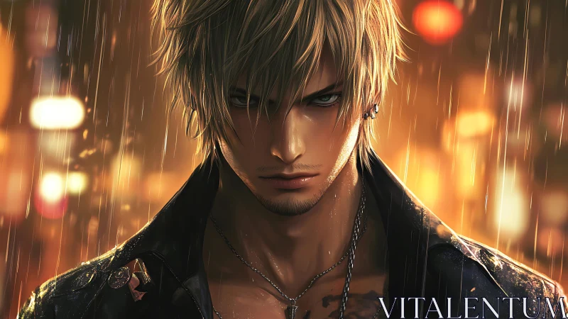 Brooding anime antihero stands defiant in neon city rain.