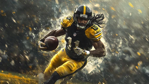 Dynamic football running back in black and yellow uniform.