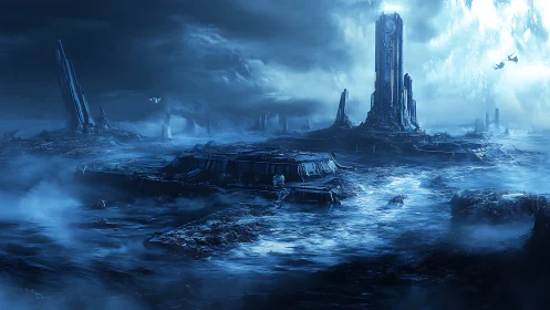 Mysterious sci fi tower rising over a misty alien seascape.