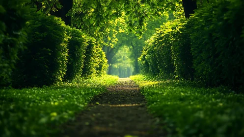 Lush green tree tunnel with sunlit path, peaceful natural scenery.