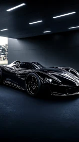 Black hypercar under modern ceiling lights in studio.