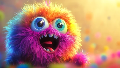 Fluffy neon fuzzball gasps at floating candy confetti.