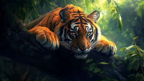Golden-eyed jungle tiger resting on a sunlit tree branch.