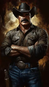 Cowboy figure stands with crossed arms in painted portrait