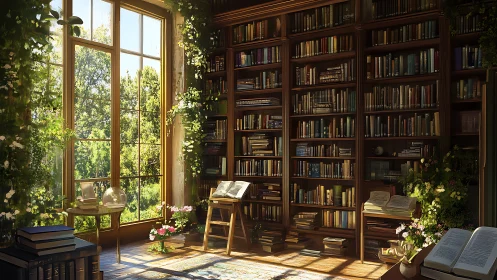 Sunlit garden library invites quiet reading and reflection