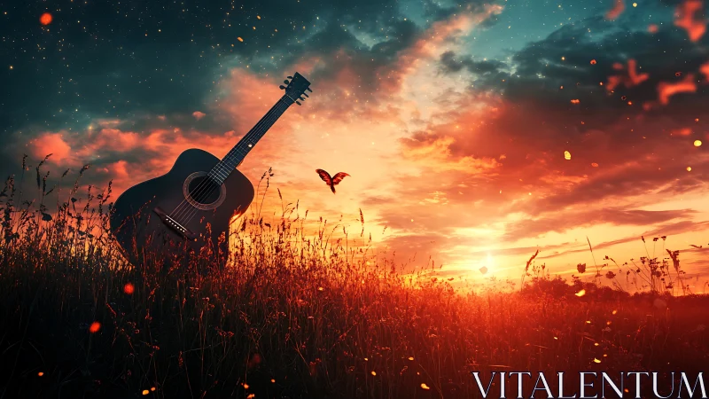 Sunlit acoustic guitar in ember-lit meadow at dusk sky.