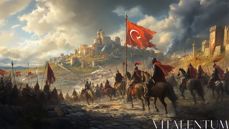Digital painting of Ottoman cavalry siege under storm-lit sky.