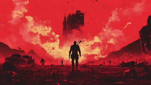 Lone wasteland wanderer under floating fortress in red sky