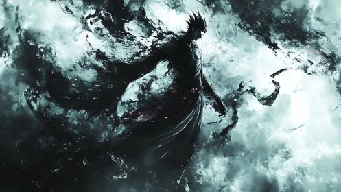 Dark humanoid figure emerges from swirling abstract smoke