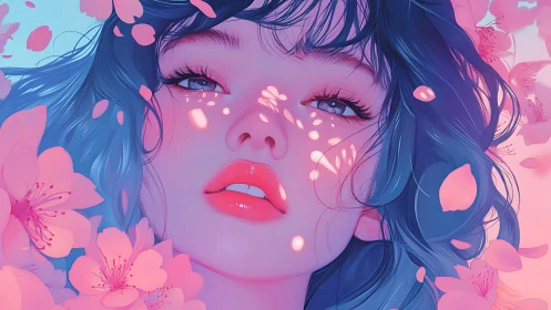 Digital painting portrait under sakura dappled light field.