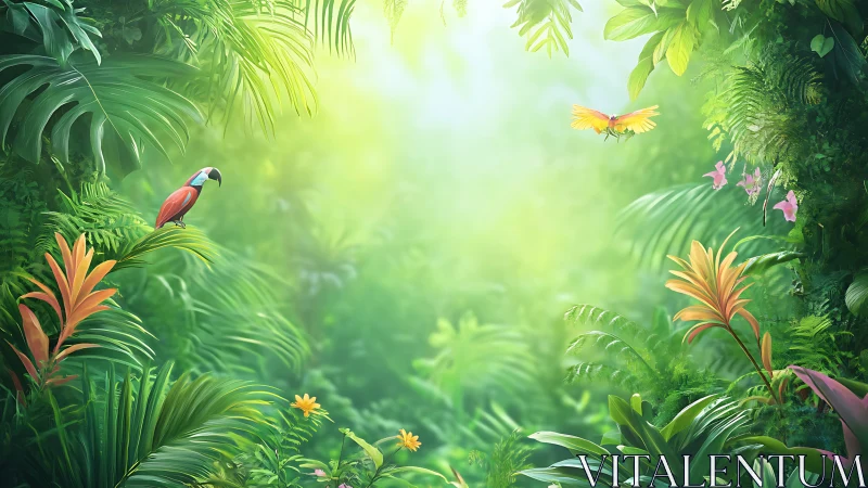 Luminous tropical rainforest clearing with parrots and dense foliage
