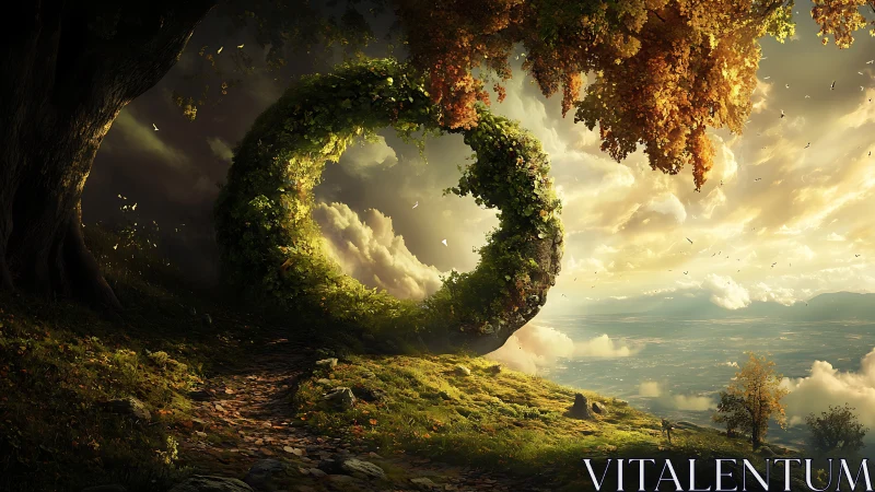 Circular mossy forest portal above sunlit valley scene.