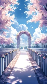 Cherry blossom wedding aisle under luminous spring sky.
