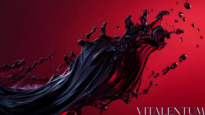 Dark liquid splash in dramatic motion, vivid red background.
