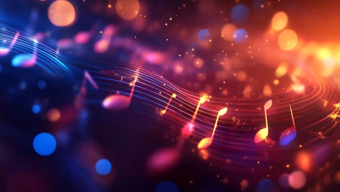 Glowing music notes flow across abstract neon light waves