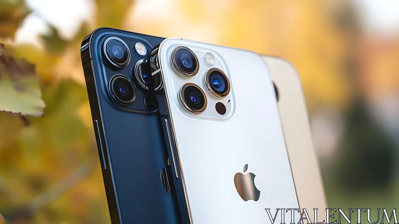 Twin glossy smartphones catching autumn light together.