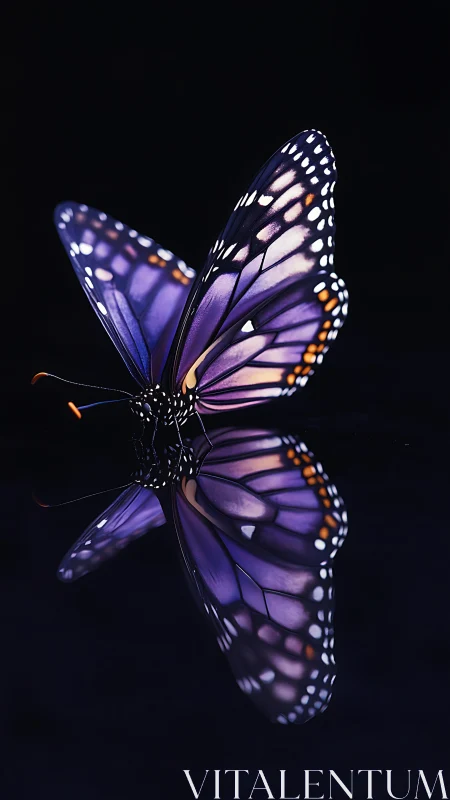 Midnight butterfly rests in quiet light with gentle reflection