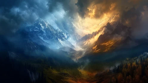 Bifurcated alpine valley with dramatic dual-tone sky lighting